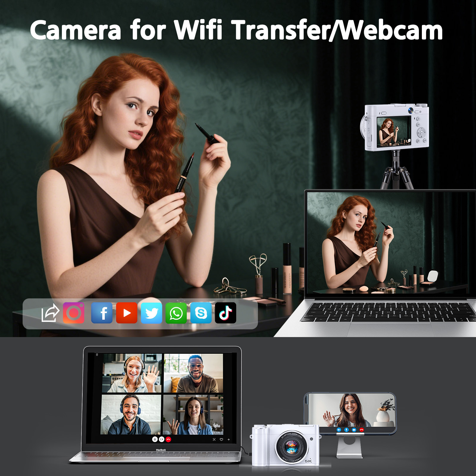 5K 64MP Digital Camera with Dual Front/Rear Lenses - Autofocus, Anti-Shake, Vlogging for YouTube, Includes 64GB SD Card & Flash (White)