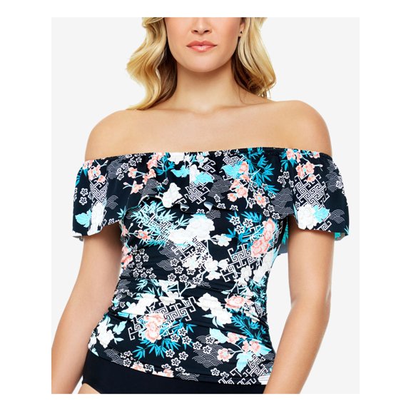 SWIM SOLUTIONS Women's Black Printed Stretch Tummy Control Ruched Sides Tankini Ruffled Fixed Cups Off The Shoulder Swimsuit Top 10