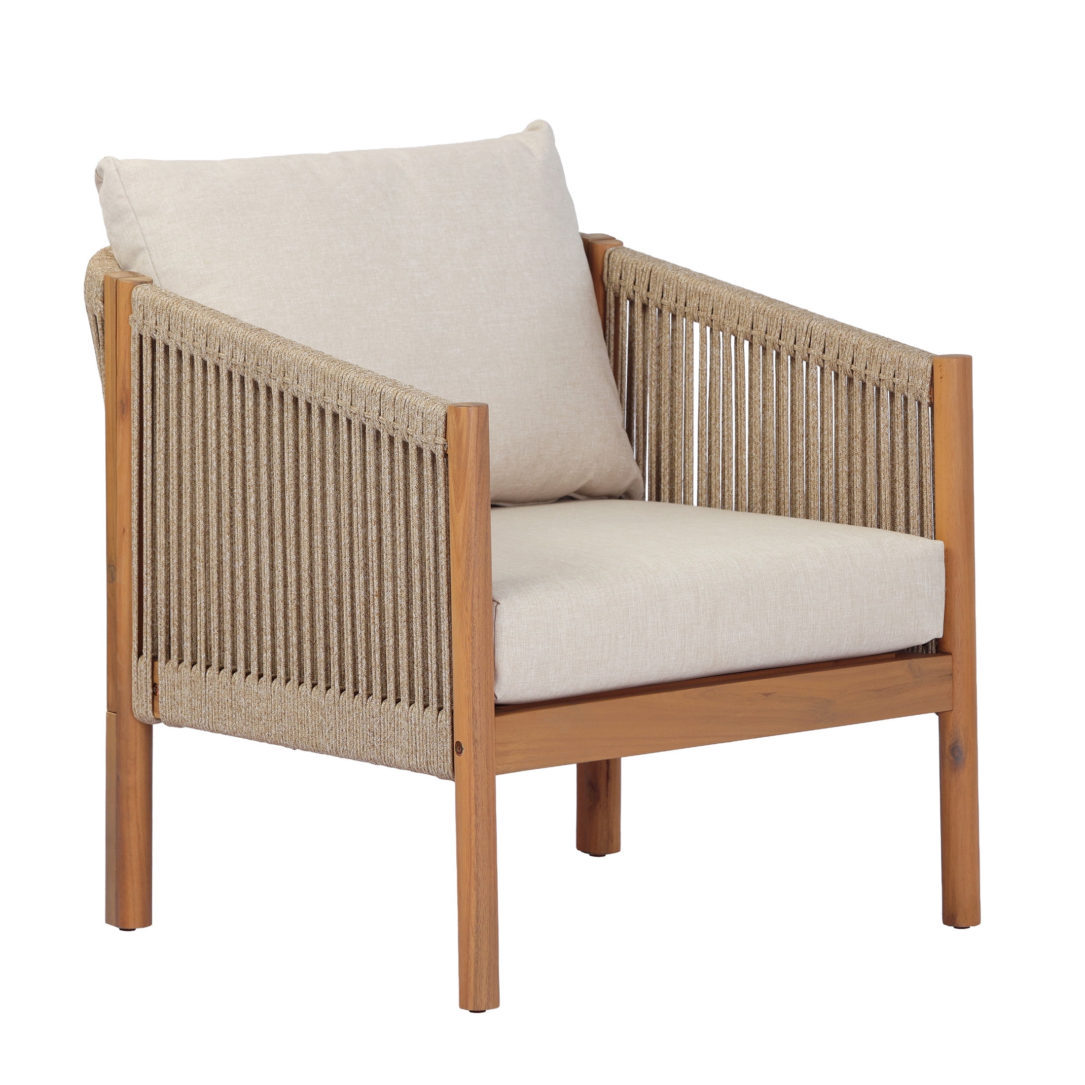 Christopher Knight Home Outdoor Acacia Wood Club Chair with Rope Back, Thick Beige Cushion, Light Teak