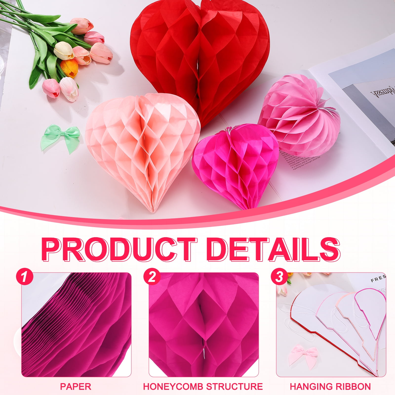 Uxcell 8 Pcs Honeycombs Balls, 8/10" Heart Shaped Honeycombs Paper Pom Poms with Paper Clip Home Hanging Decorations for DIY Crafting Valentines Christmas Wedding Birthday Party, Rose Red