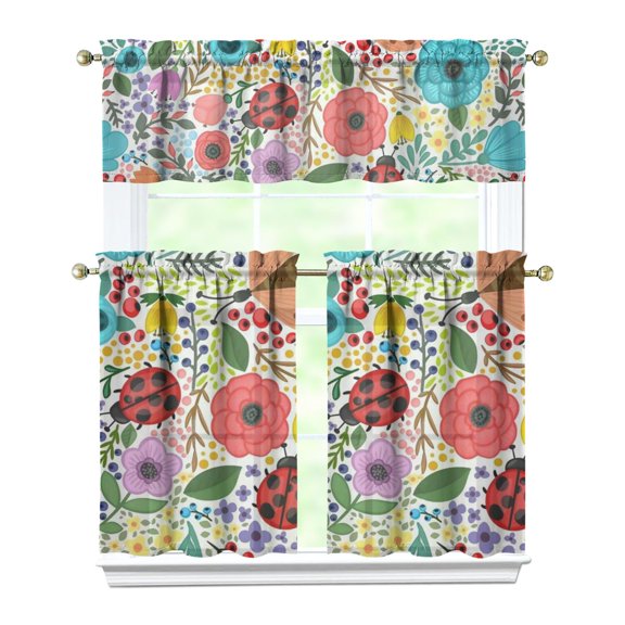 Rustic Vintage Curtains 36 Inch - 3 Panel Wildflower Farmhouse Set with Bohemian Floral Design, Rod Pocket Kitchen Window Drapes for Country Style