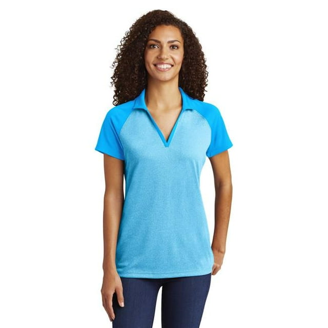 Sport Tek 1232212 Polo pour Femmes PosiCharge RacerMesh Raglan Heather Block en Bleu Étang & Bleu Étang pour LST641 - Petit