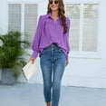 thumbnail image 3 of SWSMCLT Women's Long Sleeve Blouse Lantern Sleeve Ruched Casual Button Thin Button Up Shirt Mandarin Collar Top Purple XX-Large, 3 of 5