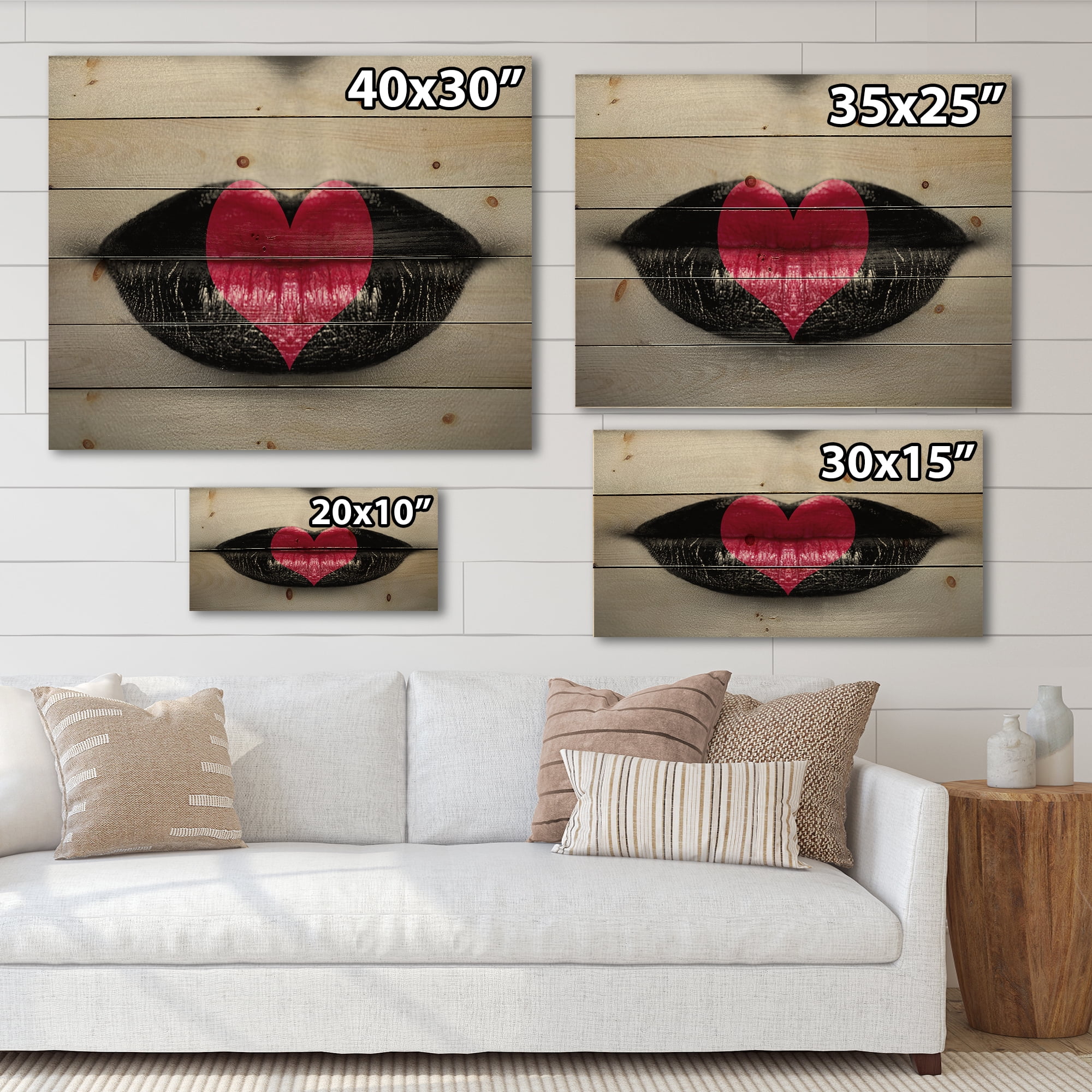 Designart 'Red Heart In Monochrome Lips' Modern Print on Natural Pine Wood