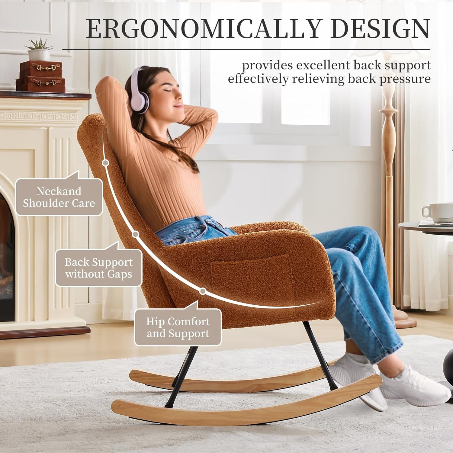Teddy Fabric Nursery Rocking Chair w/ High Backrest & Side Pockets, Glider for Breastfeeding, Living Room