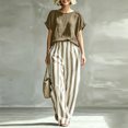 thumbnail image 4 of Womens Casual 2 Piece Outfit Round Neck Solid Tee Striped Pocket Elastic Waist Loose Long Pants Khaki XXL(XXL), 4 of 6