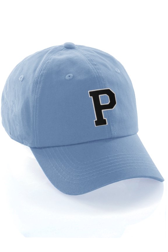 Customized Letter Intial Baseball Hat A to Z Team Colors, Sky Cap White Black Letter P