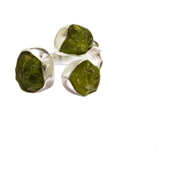 Natural Peridot Ring, Raw Peridot Gemstone Ring, August Birthstone, Adjustable, 3 Stone, 925 Sterling Silver, Womens Ring, Christmas, Thanksgiving, Handmade, Statement Jewelry, Rough Gemstone Jewelry