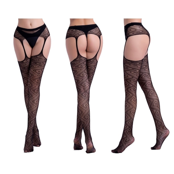 Lencería sexy para mujer de una pieza tirantes huecos jacquard pantalones leggings pantimedias calcetines de red europeos y americanos 6078 negro talla única ShuxiuWang 1327537349655