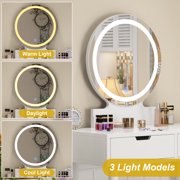 White Vanity Desk with 3-Color LED Mirror & Cushioned Stool – Makeup Table, 2 Drawers, Touch Screen – Bedroom Bathroom Dressing Set