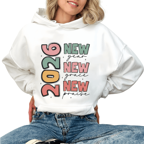 Cute Coloful Letter 2026 New Year Theme Graphic Tee T Shirt Tops Commuting Hooded long-sleeved White S-2XL
