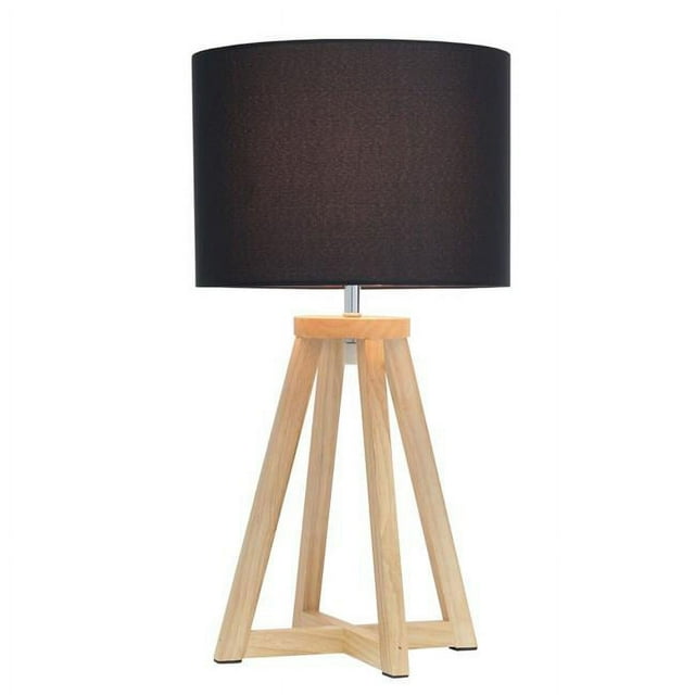 Simple Designs Lampe de Table Triangulaire en Bois Naturel Emboîtable avec Abat-Jour en Tissu Noir