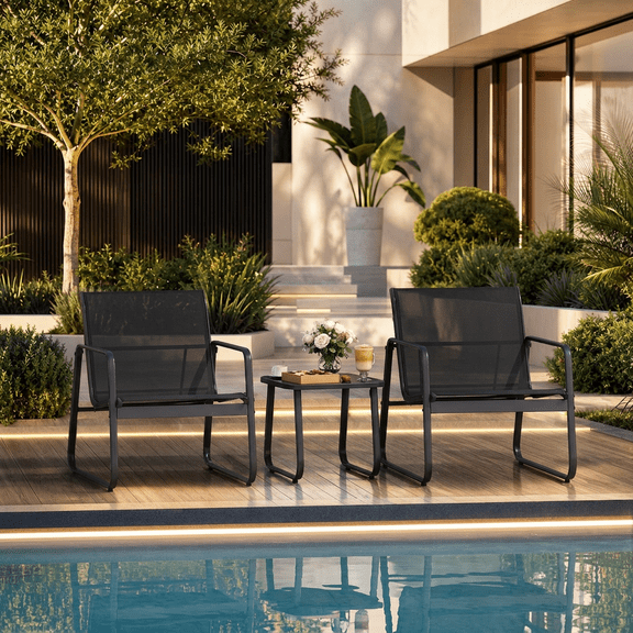 Outdoor Patio Dining Set of 3, 2 Patio Chairs Weatherproof Metal Construction, 330 LBS Weight Capacity for Yard Balcony, Black