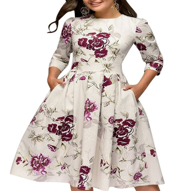 PENGXIANG Femmes Vintage A-Line Robe Tunique Longue Sans Manches Robe Florale