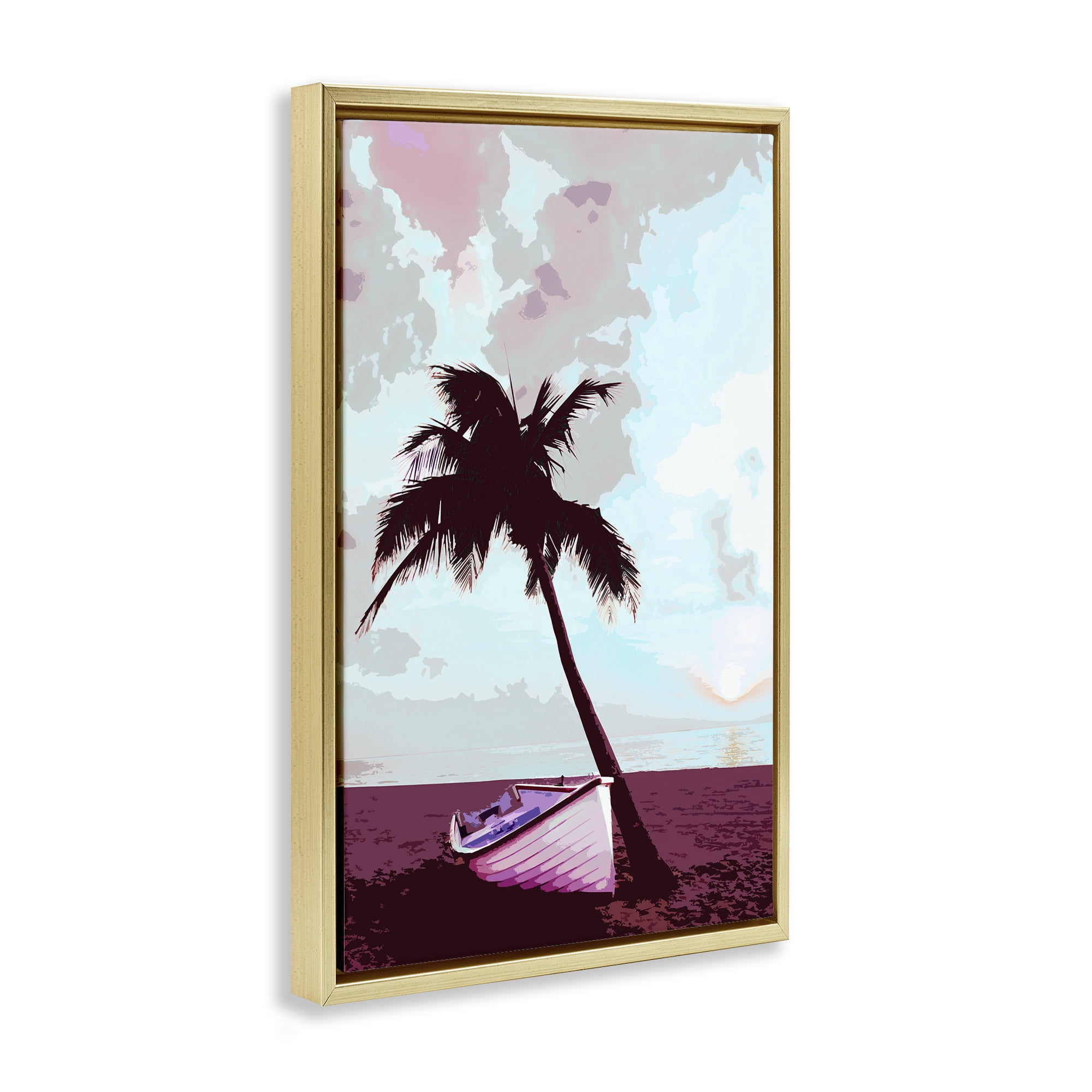 Stupell Industries Boat & Palm Tree Landscape Painting Gold Floater Framed Canvas Art Print Wall Art, 21 x 31
