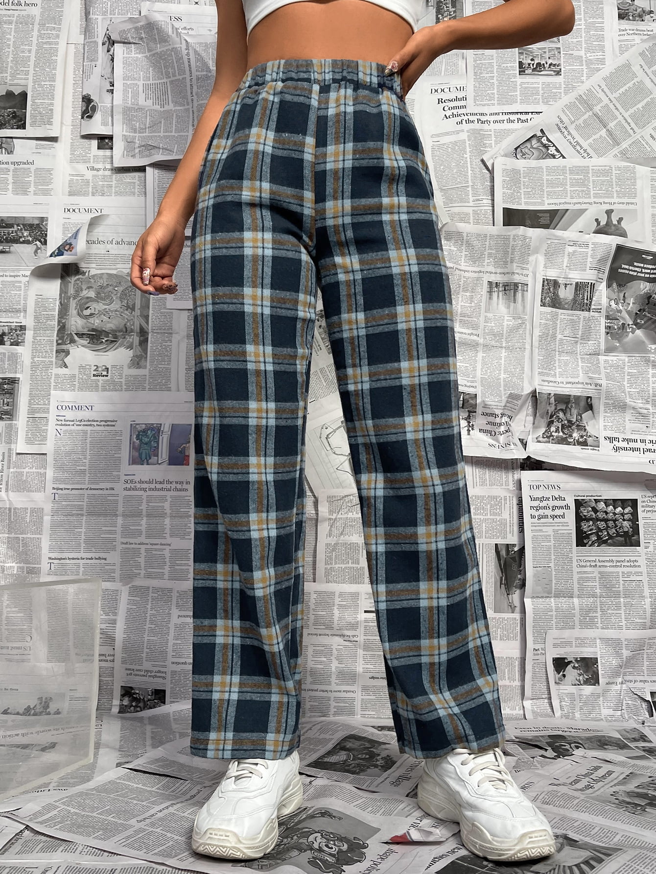 Preppy Women's Plaid Print Elastic 