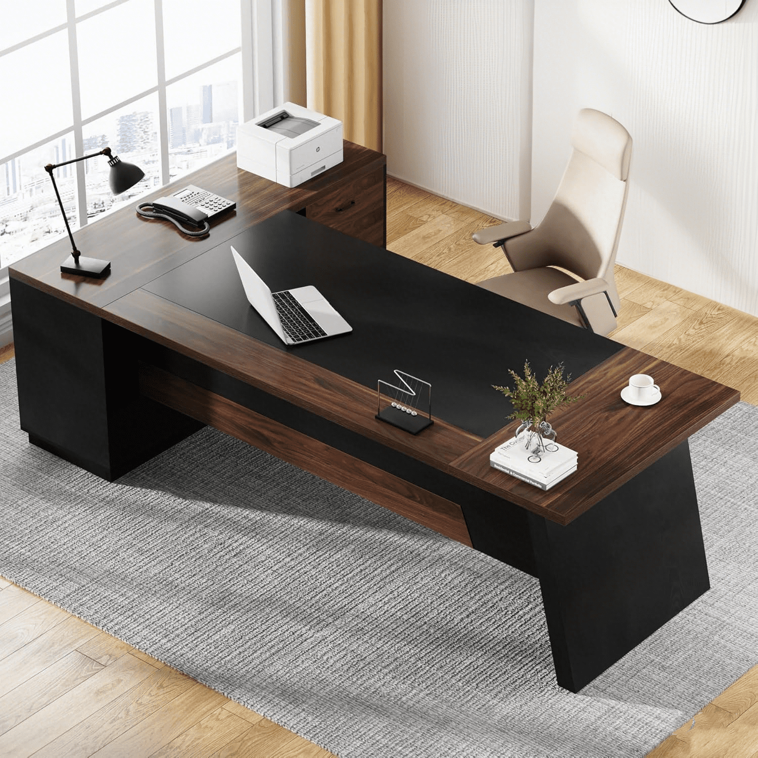 Tribesigns L-Shaped Executive Desk, 78" Modern Office Desk with Drawers and Lateral File Cabinet, Workstation for Home Office (Walnut + Black)