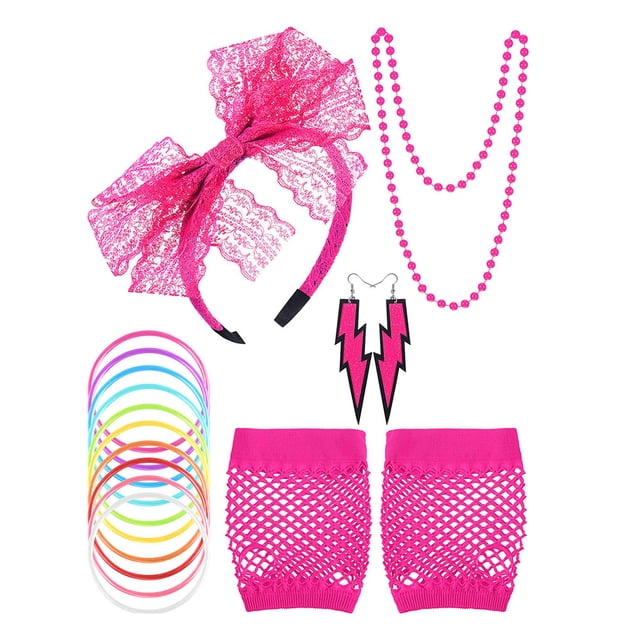 Moyic 1 Juego de disfraces con guantes de rejilla, suministros para fiestas de los años 80, accesorios de Cosplay, trajes de mujer para discotecas, Kits de decoración para fiestas Rosa roja Moyic HA060873-01