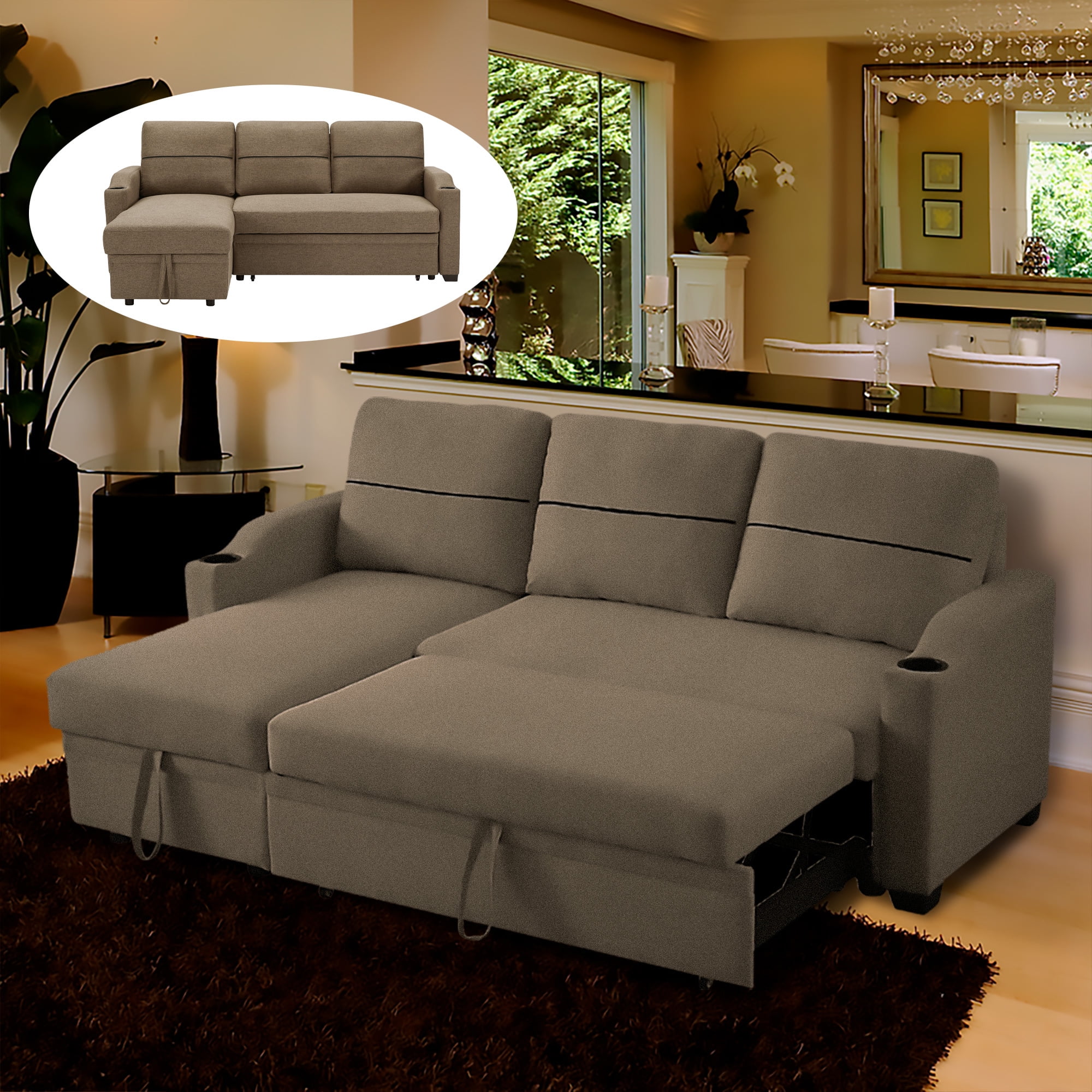 Zechuan 82" LShape Sectional Sofa with Pull Out Bed Convertible