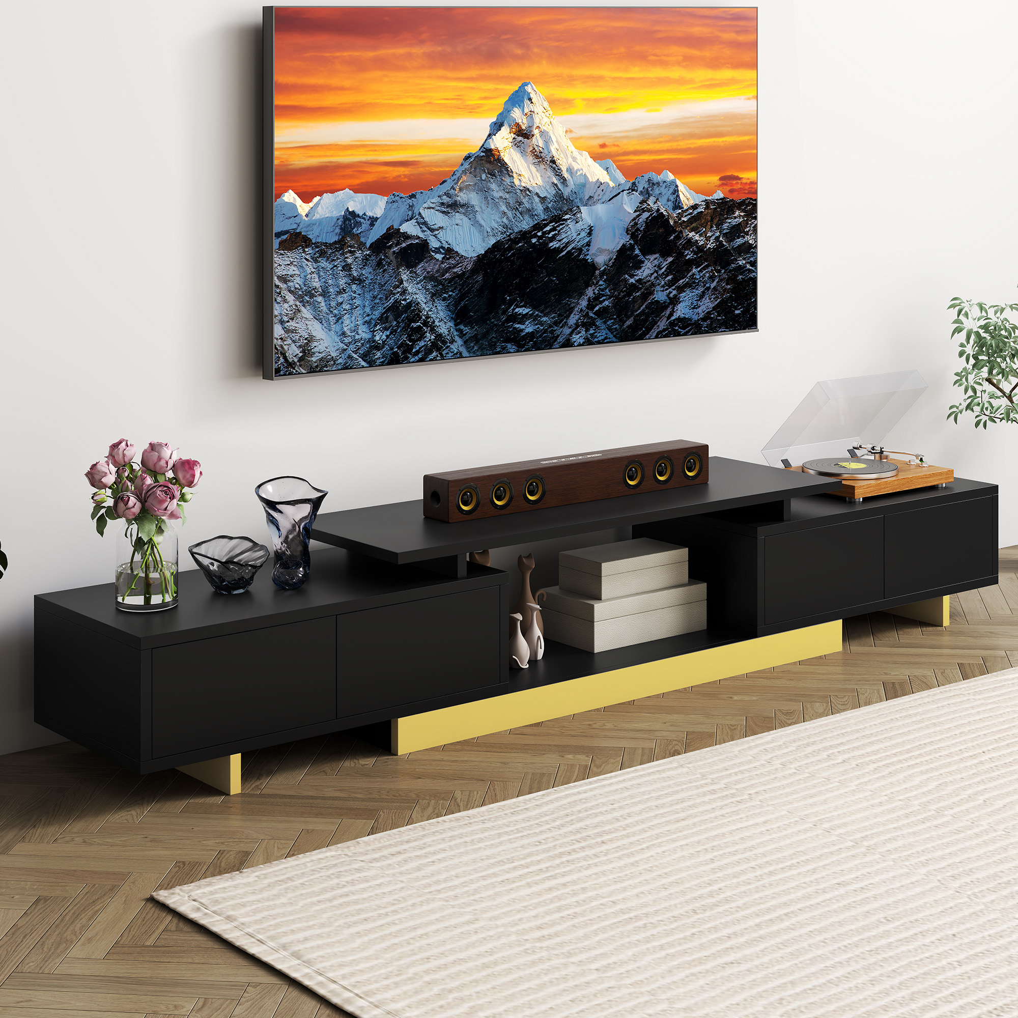Uforic Modern TV Stand for Living Room w/ Ample Storage, Extendable Entertainment Center 63" to 89", Black