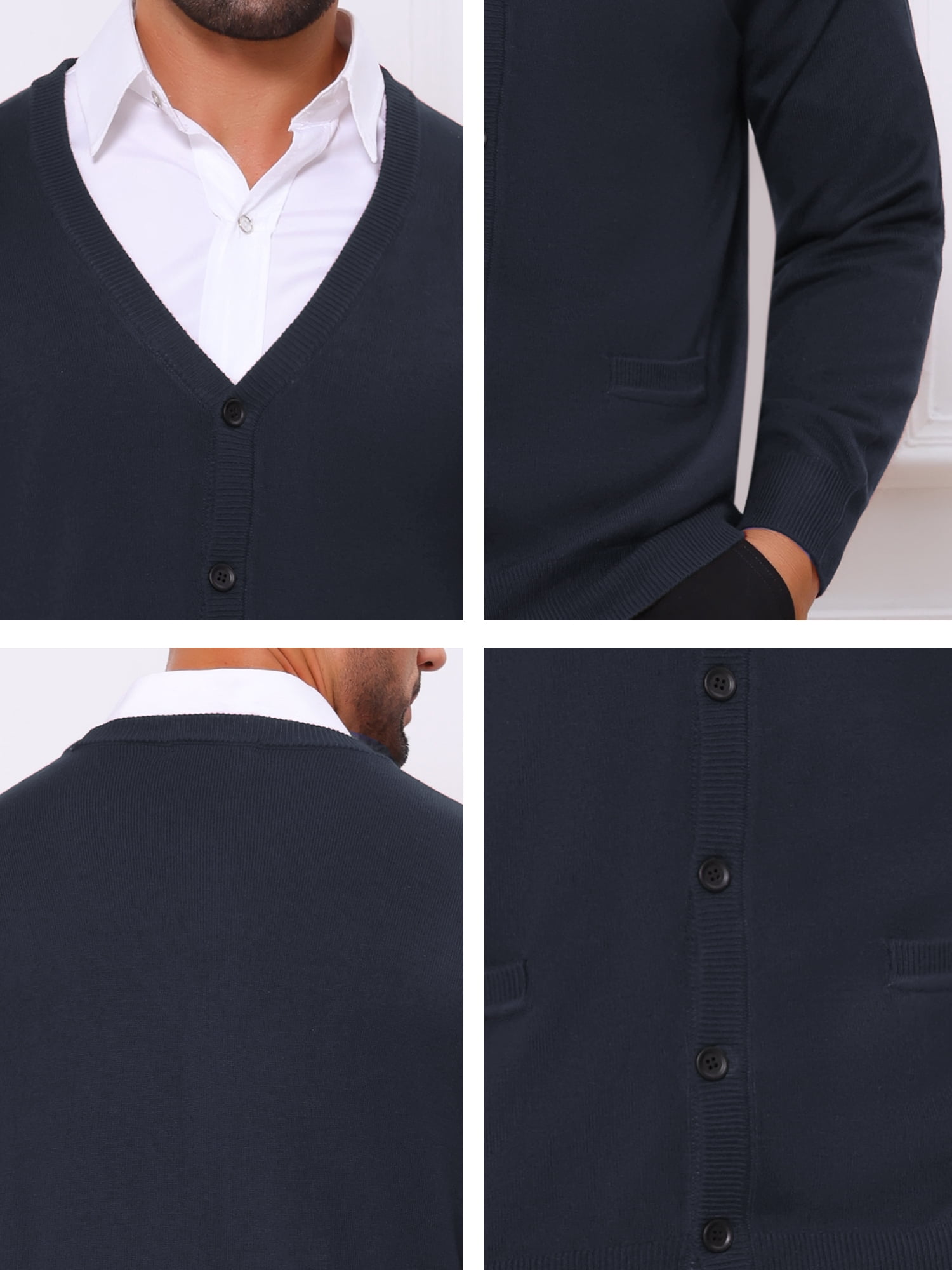 DARING DIVA Men's V Neck Long Sleeved Button Down Knit Sweater with Pockets L Navy Blue