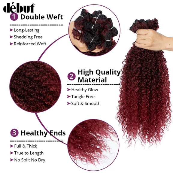 WEIF-Synthetic Hair 7pcs Kinky Curly 22 24 26 Inches Gradient Burgundy 6 Bundles Tight Curly Hair with 1pc Crochet Hair for Women Ombre Red Color