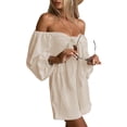 thumbnail image 4 of Franhais Women Casual Suit, Solid Color Off-Shoulder Long Sleeve Crop Tops+Ruffle Loose Short Pants, 4 of 8