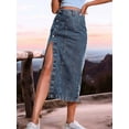 thumbnail image 3 of Womens Casual Slit Denim Midi Jean Skirt Stretch High Waist Frayed Button Up  XS, 3 of 7
