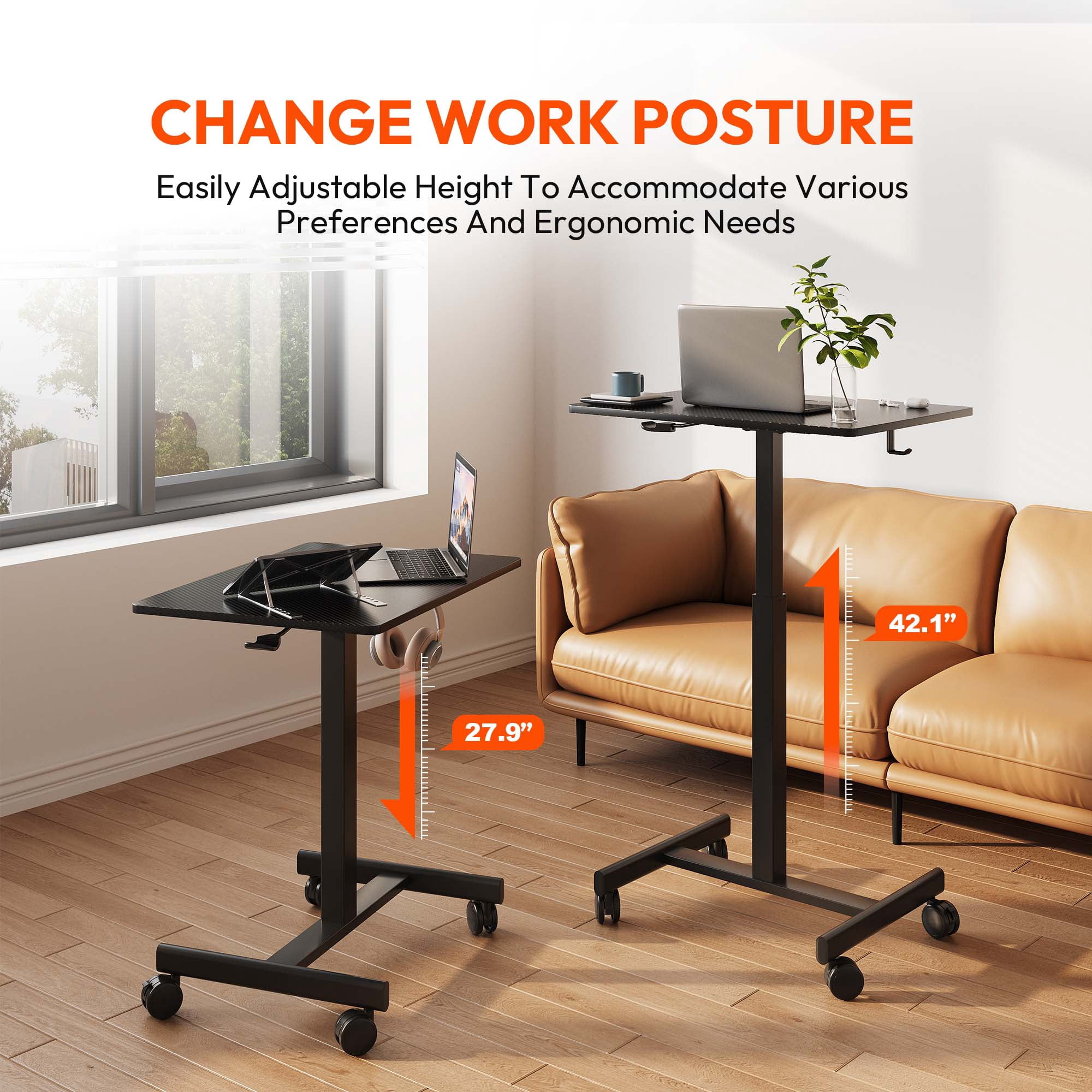 26"×19" Carbon Fiber Mobile Height Adjustable Desk, Gas Spring Sit-Stand Mini Desk with Lockable Casters & Headphone Hook, H-Shape Steel Base