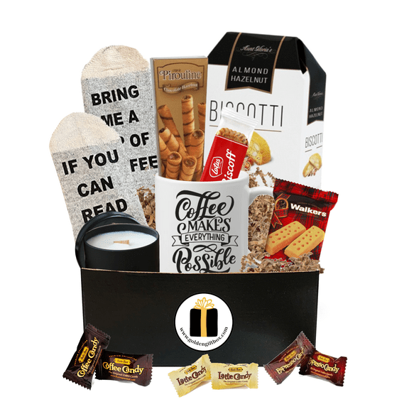 Coffee Lovers Gift Basket Box - Bistro Mug, Socks, Gourmet Snacks