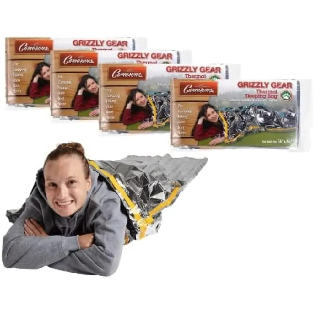 Grizzly Gear Emergency Thermal Sleeping Bags (4 Pack) Weatherproof Mylar Disaster Survival Bivouac | 7 ft x 3 ft | Compact Lightweight Shelter Signal Reflective Utility - Summer Camping