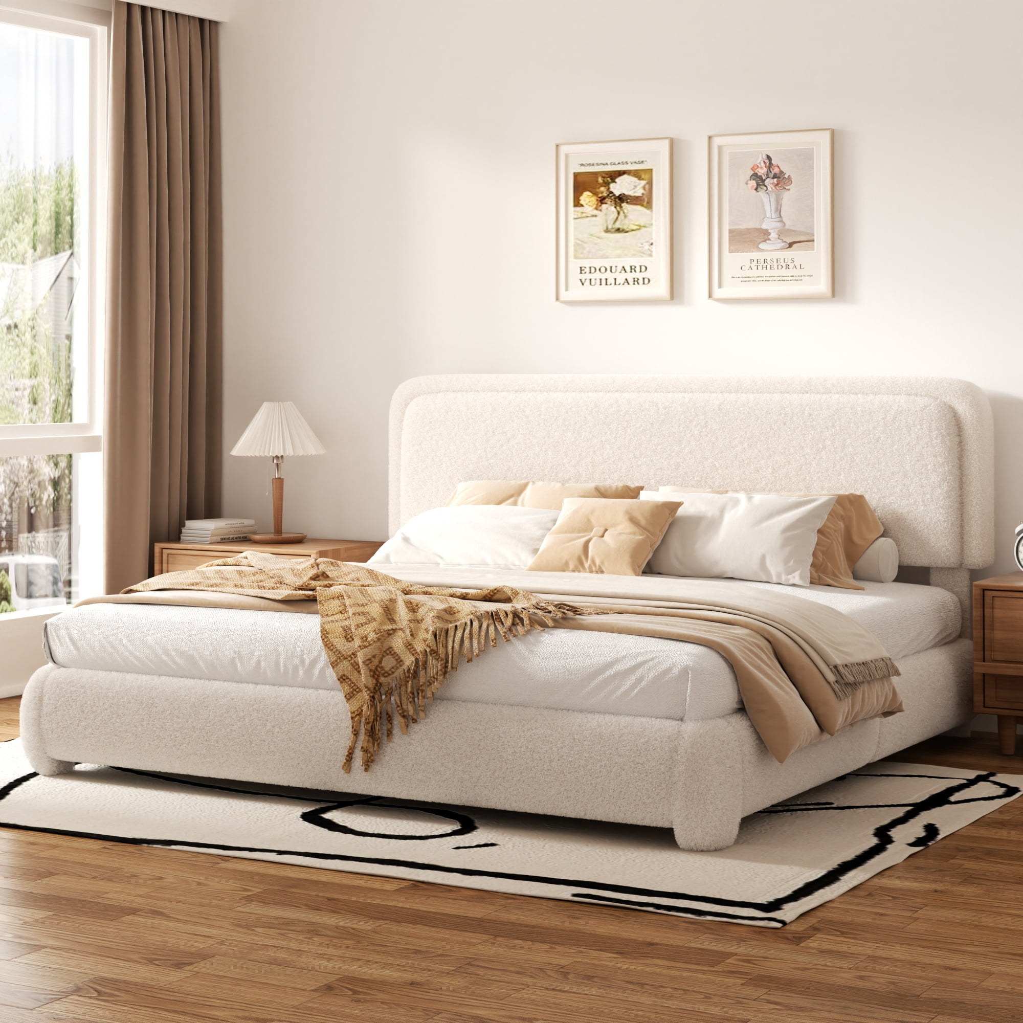 VIPLOV King Size Boucle Bed Frame, Cloud Upholstered Platform Bed with Height Adjustable Headboard & Soft Rounded Corners, No Noise Free, Easy Assembly,Beige