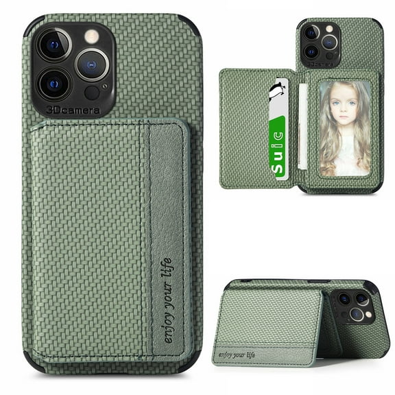 SaniMore for iPhone 14 Pro Max (6.1" 2022) Case, PU Leather Carbon Fibre Pattern, Flip Wallet Card Slots RFID Blocking Magnetic Car Mount Shockproof Anti-fall Protective Shell, Green
