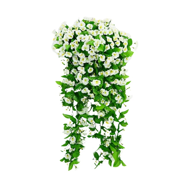 Flores artificiales colgantes, flores falsas, planta colgante, flor violeta, flores de primavera de seda sintética para pared, puerta, patio, jardín, boda, decoración al aire libre (blanco)