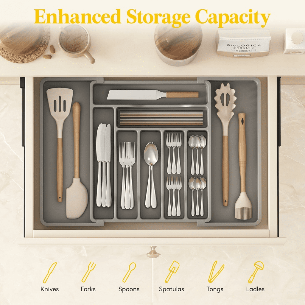 Norcho Expandable Utensil Organizer Drawer, Adjustable Cooking Silverware Tray, Plastic Spatula Tools Divider 13-22.4"x15" Gray
