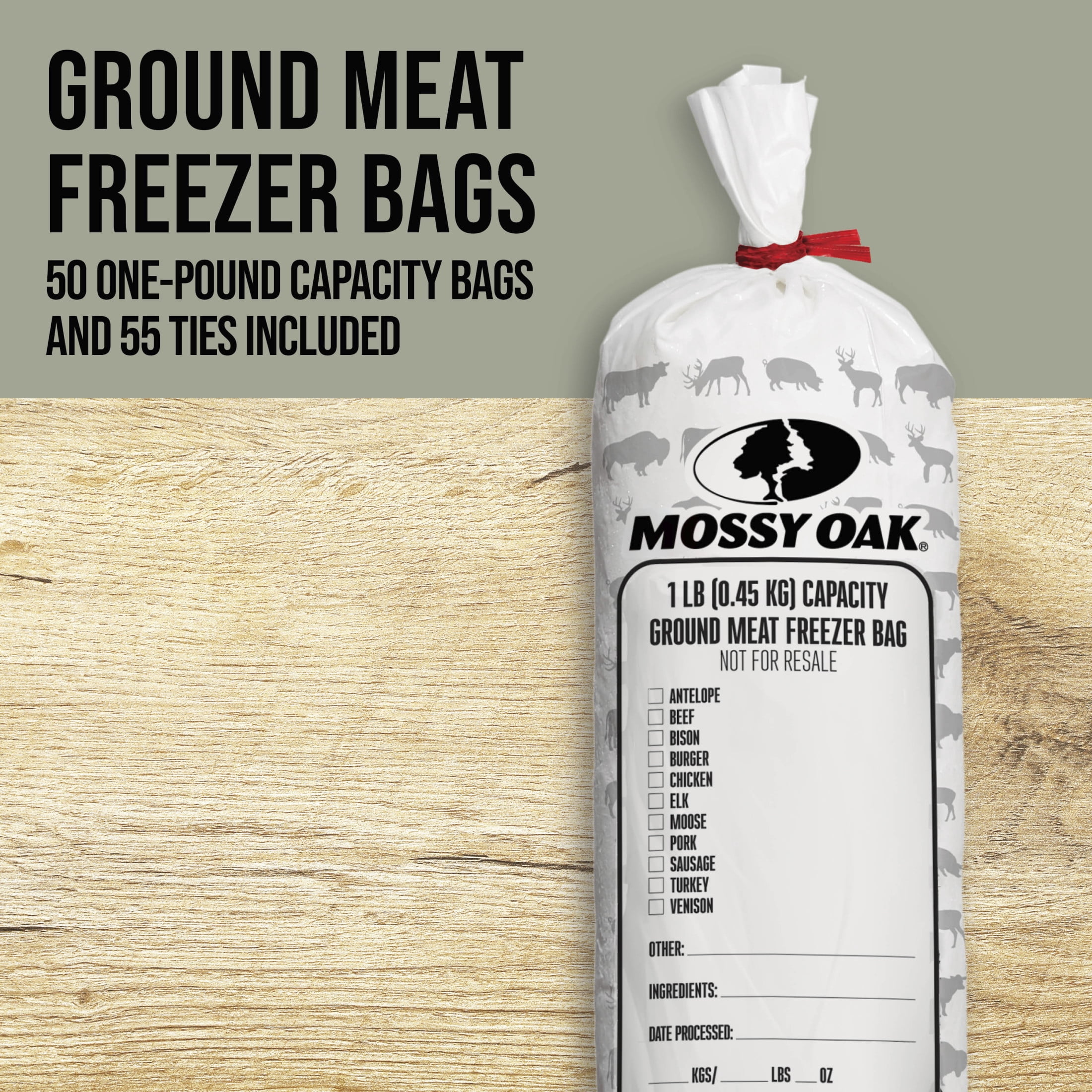 Mossy Oak Ground Meat Freezer Storage Bags, 1 lb Size, 50 Count, 55 Ties, Write On