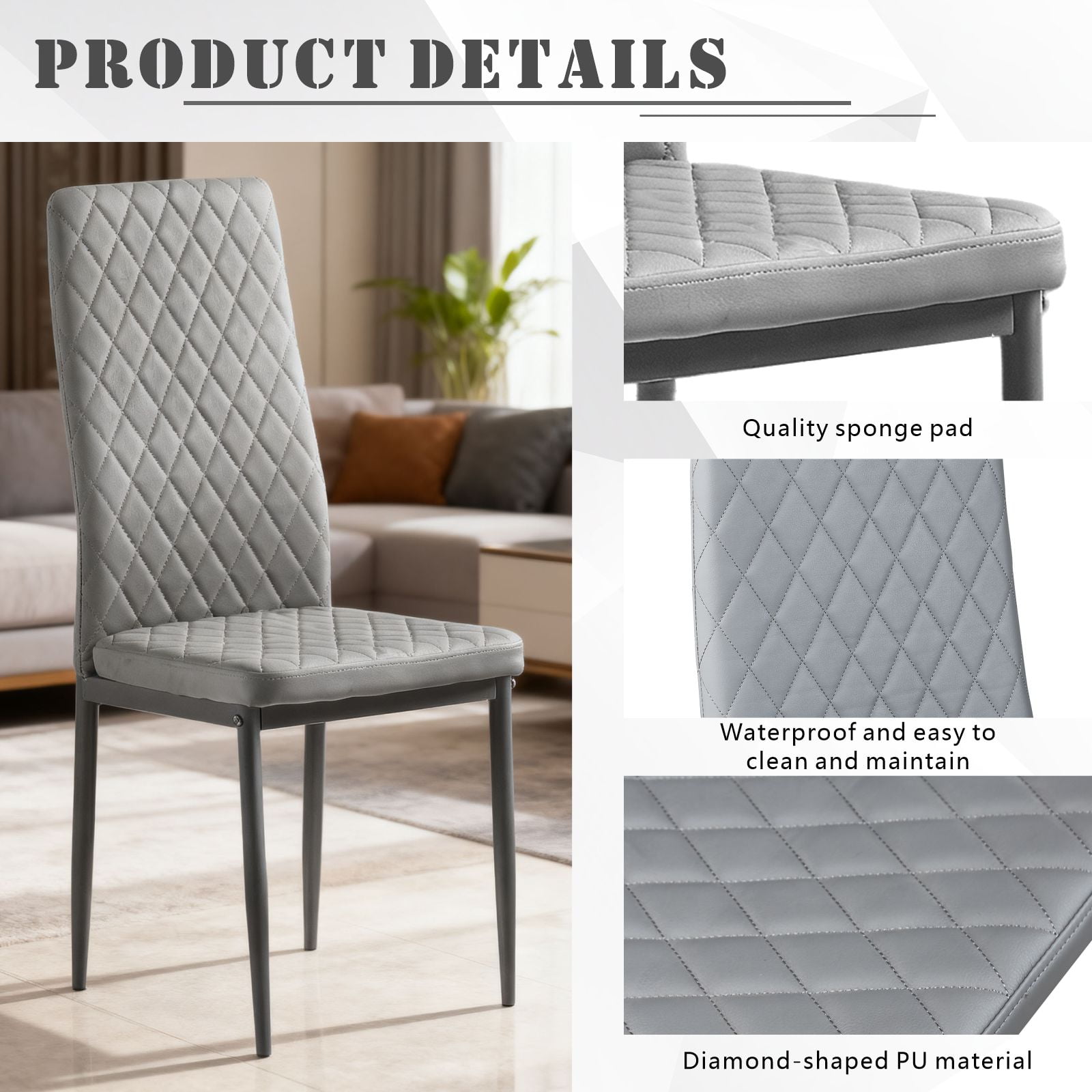 Noble House Modern Dining Chair Set of 4, Fireproof Leather Upholstery with Diamond Grid Pattern and Metal Frame,Gray