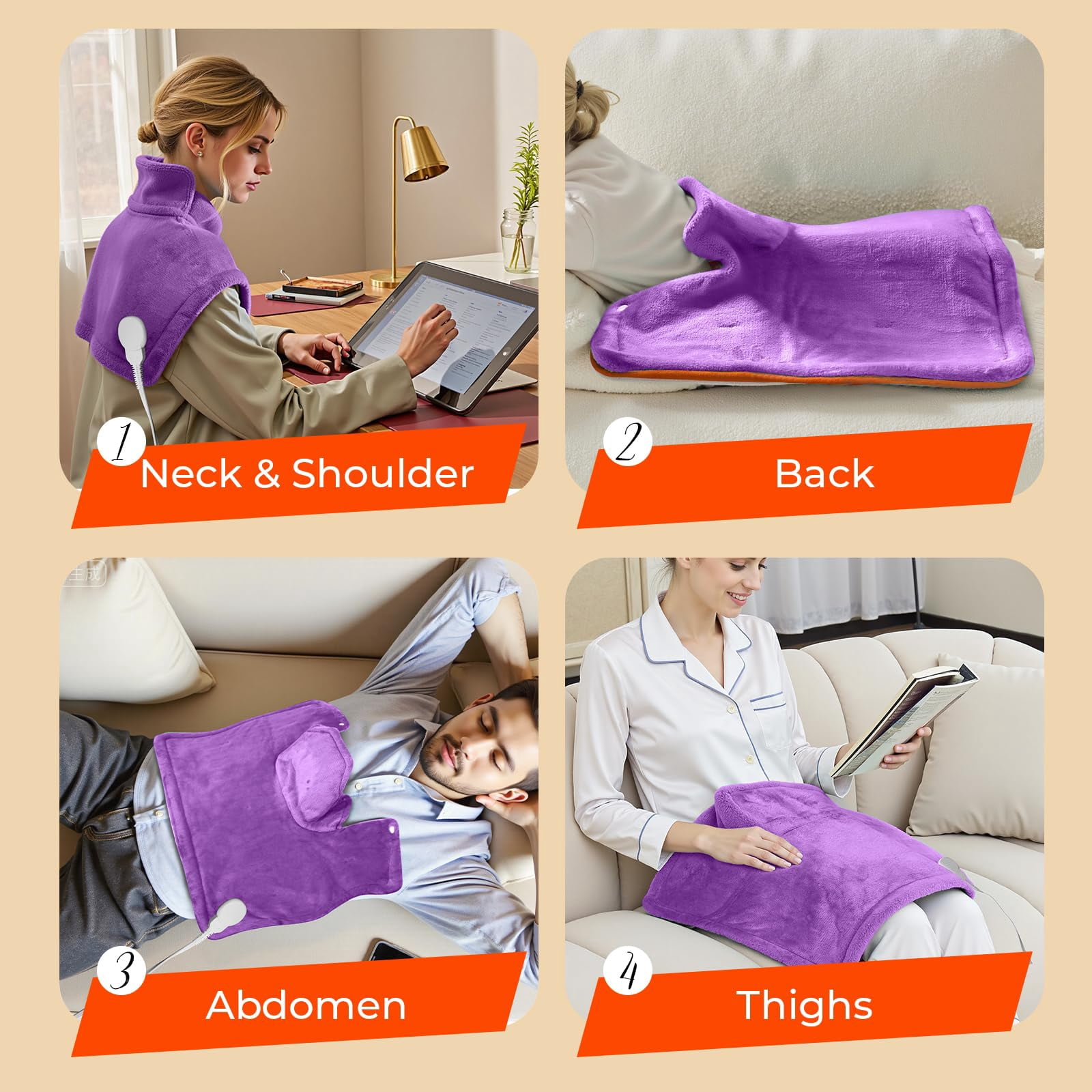 TCVOR Soft Flannel Heating Pad for Neck and Shoulders and Back, 19 x 24 in Wearable Weighted Electric Heating Pads with 6 Heat Settings & 6 Timer Auto Shut Off, Puple