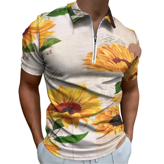 Sunflower Flowers on Old Fashioned Letters Romantic Men Zipper T-shirt Summer Casual Short Sleeve T-shirt Top