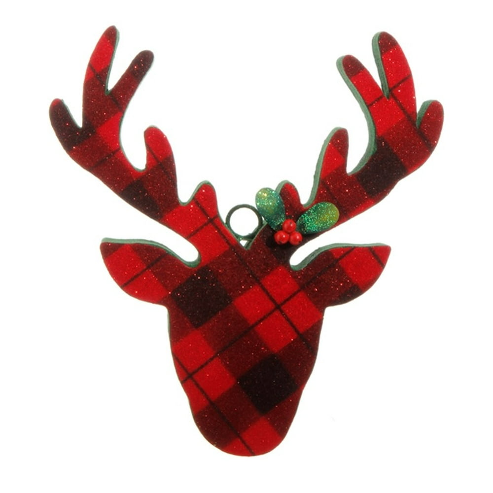 Raz Imports 10.5" Flocked Plaid Deer Head Christmas Ornament Black
