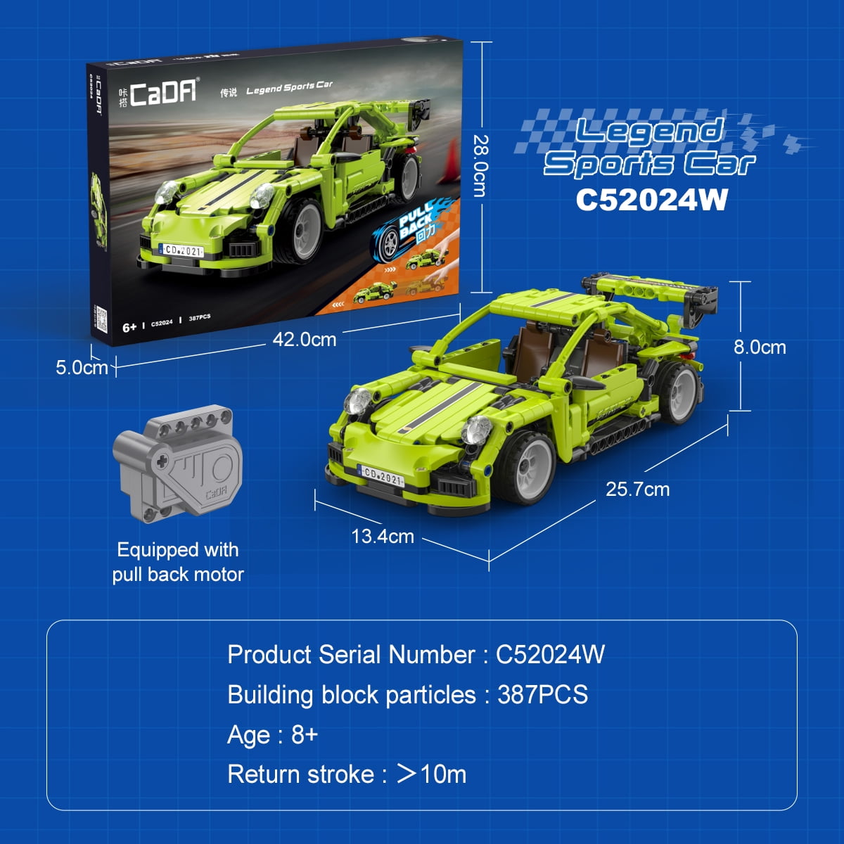 CaDA® Pull Back Sports Car Series-Legend Supercar Model Building Block Toy C52024W Building Kit and Engineering Toy for Kids (387 Pieces)