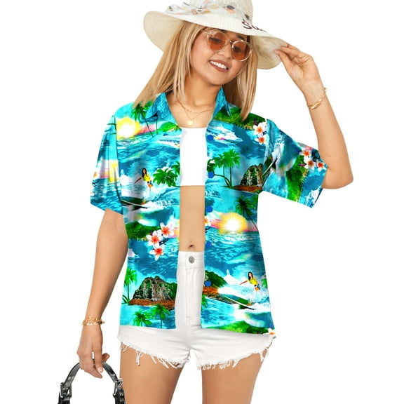LA LEELA Women's Casual Beach Hawaiian Blouse Shirt V Neck Blouses Short Sleeve Button Up Dress Tops Tee Shirts for Women L Beach Surf, Autumn Turquoise