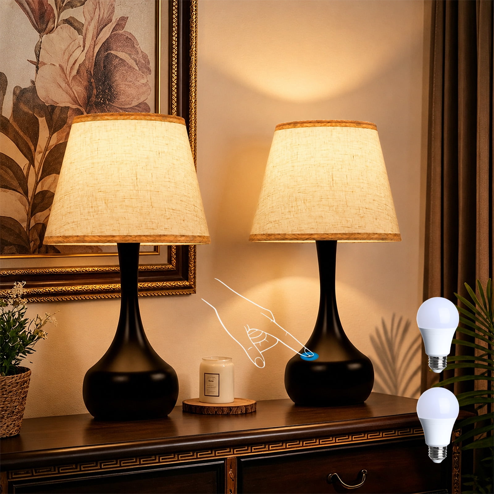 Walchoice Table Lamp Set of 2, 3-Way Touch Control Dimmable Table Lmaps with LED Bulbs, Black Vase-Shaped Base & Tapered Shade, Besides Nightstand Lamps for Bedroom, Living Room, Office