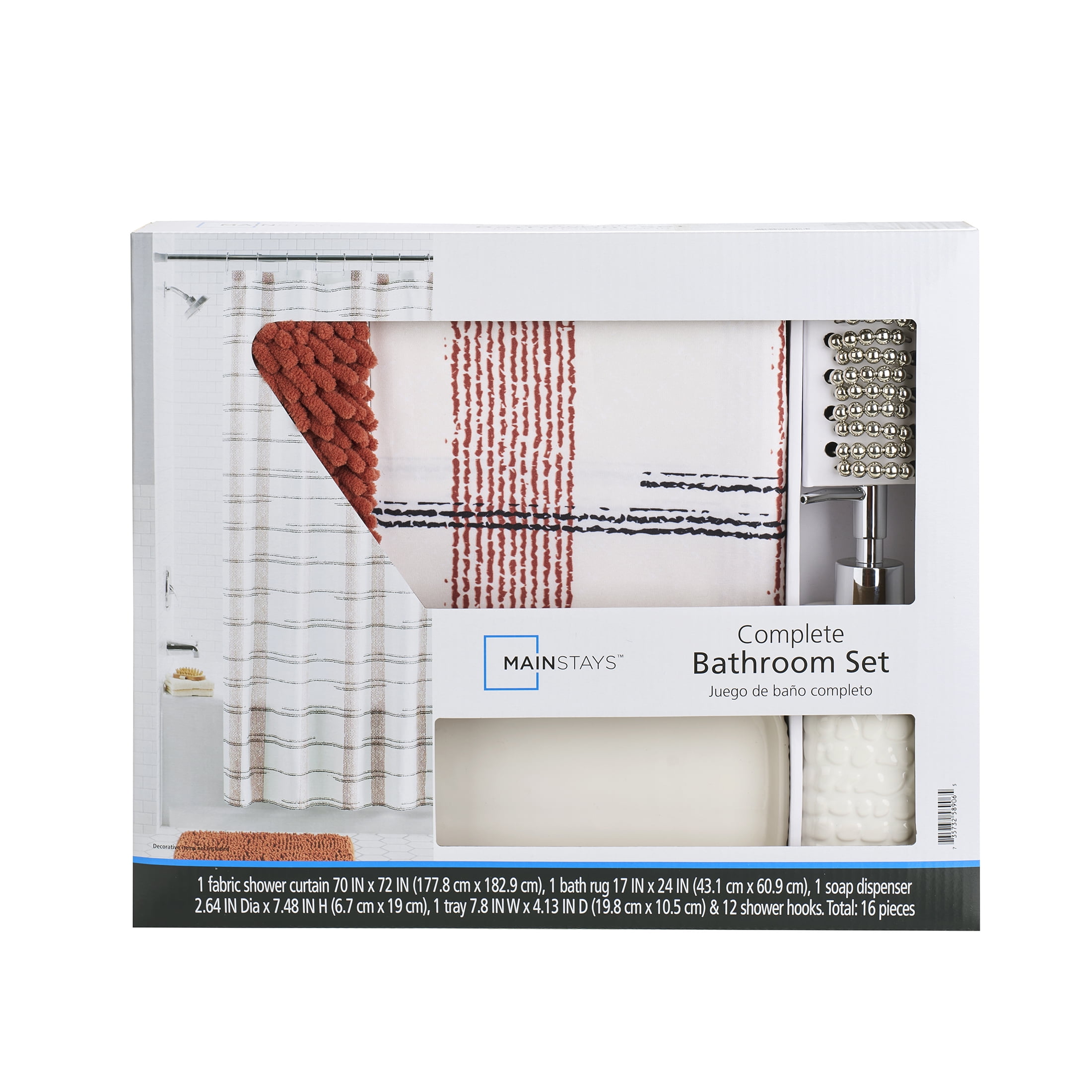 Mainstays Red Plaid Shower Curtain Set – 16-Piece Bathroom Set with Hooks, Bath Rug, Soap Pump & Tray – Red Canyon, Machine Washable