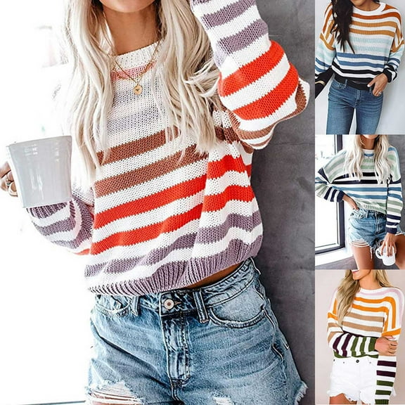 Olyvenn Striped Colorblock Cropped Knit Short Sweaters for Women Loose Casual Womens Fashion Long Sleeve Mock Neck Female Leisure Navy L