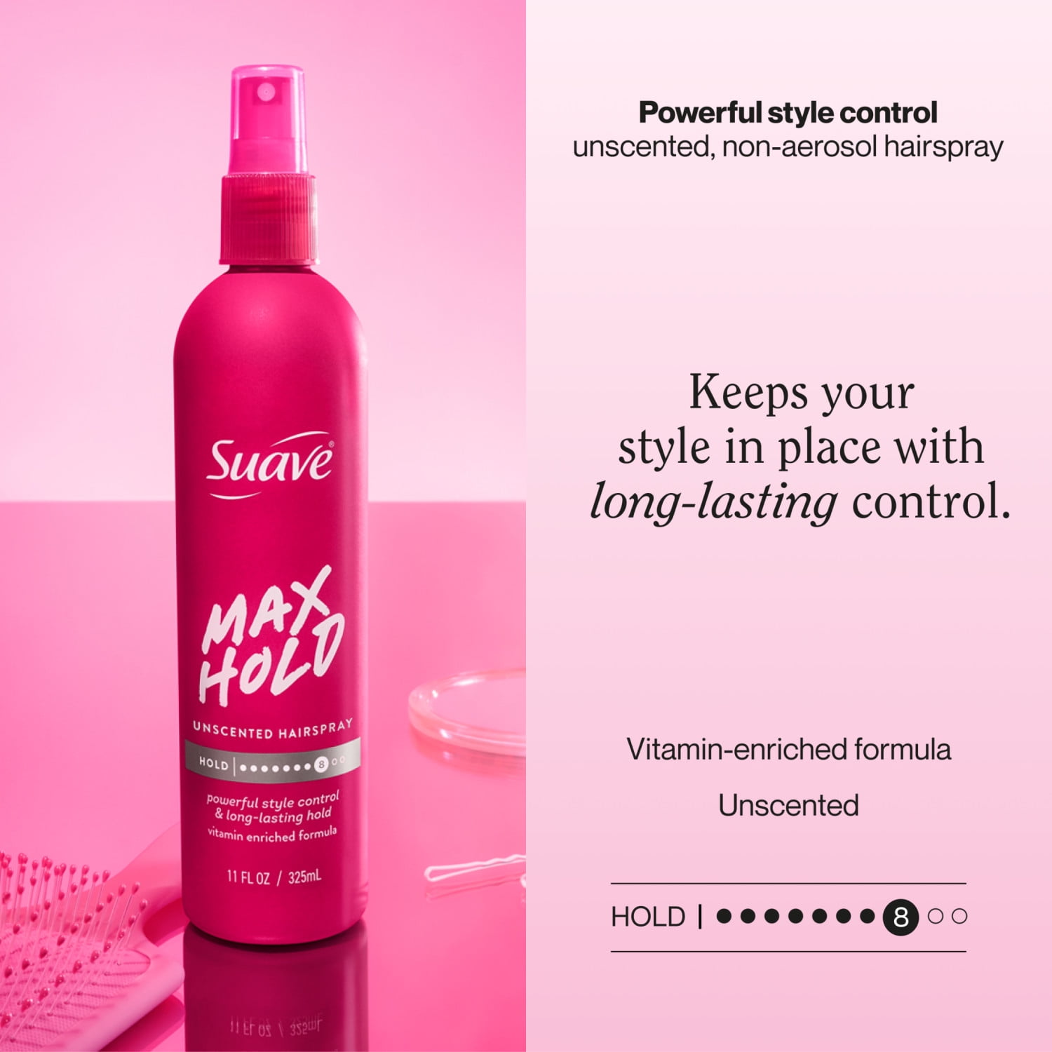 Suave Max Hold Unscented Non-Aerosol Hairspray, Strong Hold, All Hair Types, 11 FL OZ
