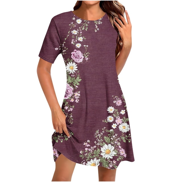 Staron Robes d'Été pour Femmes en Liquidation à Moins de 10 $ Robe Midi Décontractée à Manches Courtes Évasées Imprimé Floral Col Rond Voyage Vacances