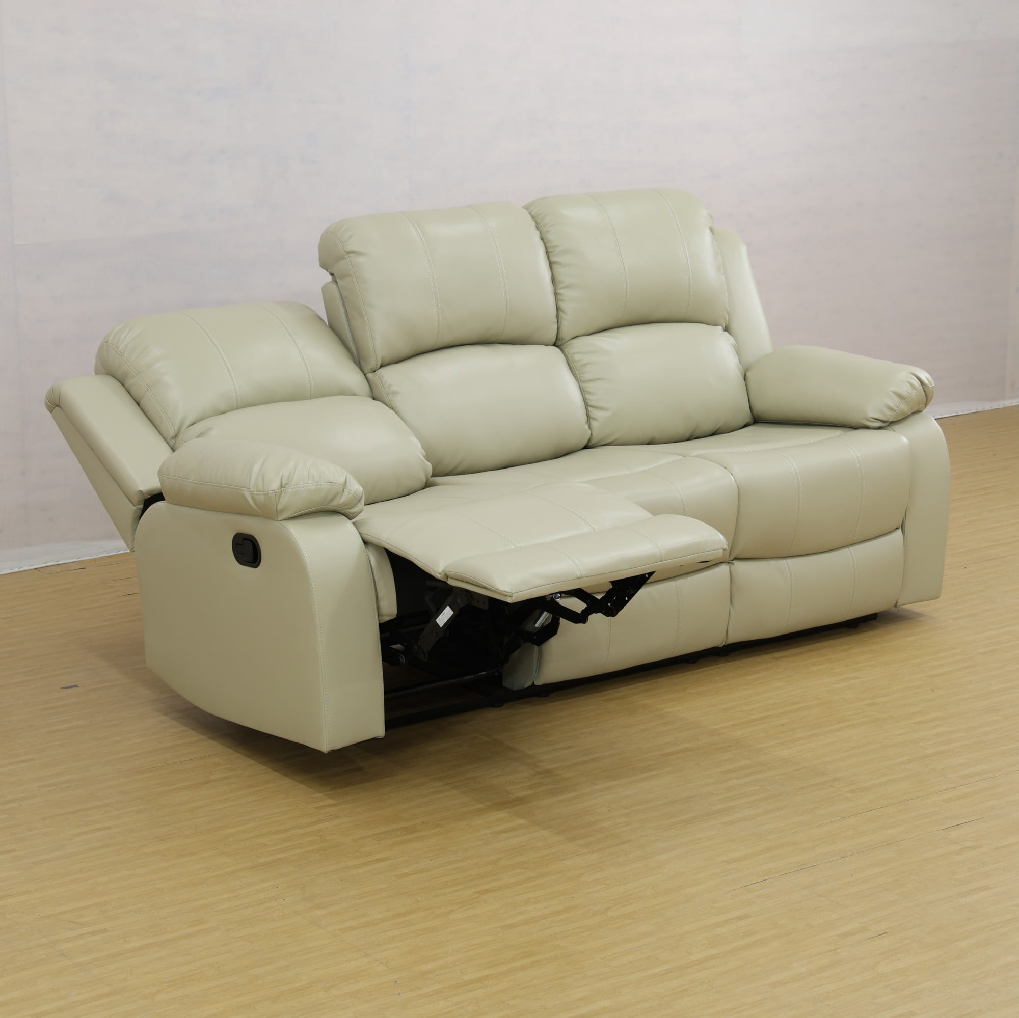 Gewnee Beige 3-Seater Sofa with Console & Cup Holders, Air Leather & High-Elastic Sponge, Adjustable Recline, Perfect for Living Rooms
