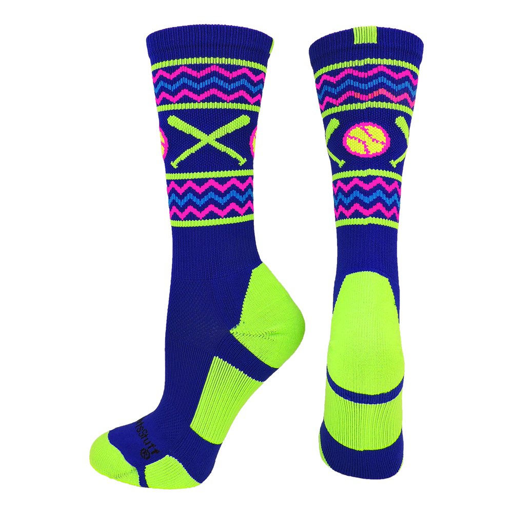 MadSportsStuff Softball Chevron Crew Socks (Royal/Neon Green, Large