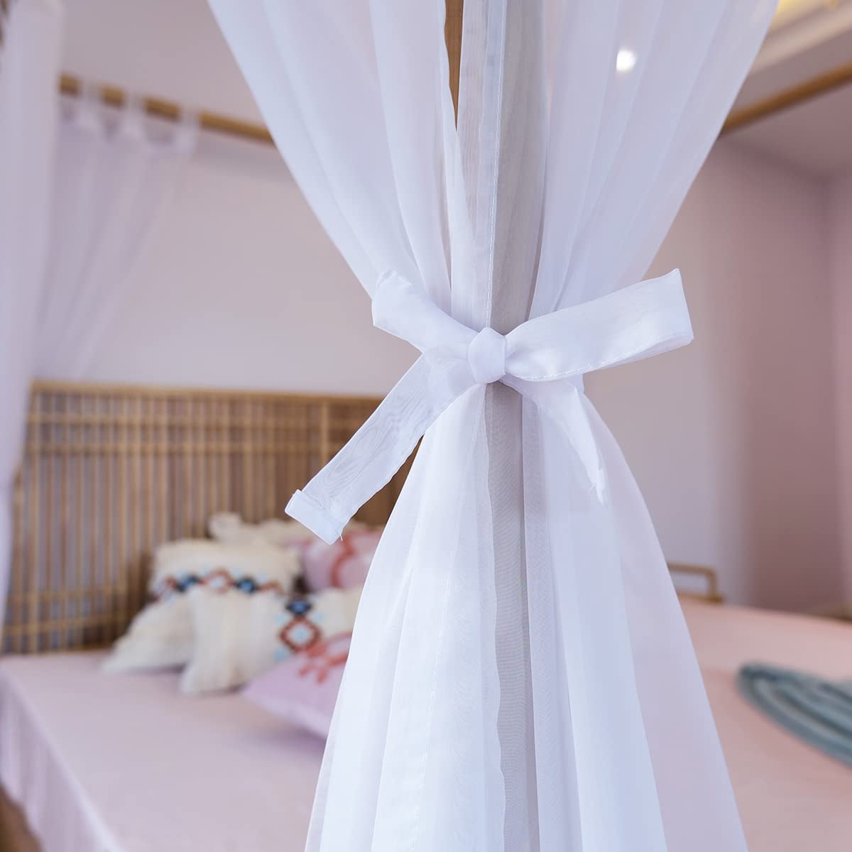 Sheer Bed Curtains For King  Queen Full And 4 Corner Canopies & Drapes Four Poster Beds White